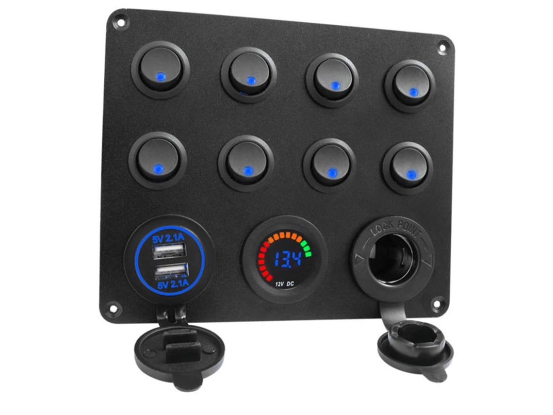 Painel de controle automotivo de alumínio com 8 posições e voltímetro de 12-24 V.