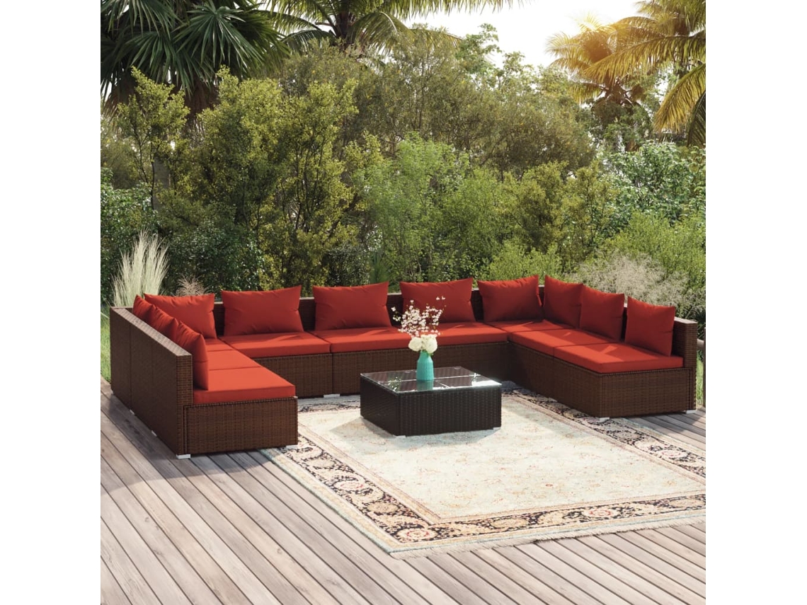 Vidaxl 10 Pcs Conjunto Lounge De Jardim C/ Almofadões Vime Pe Castanho