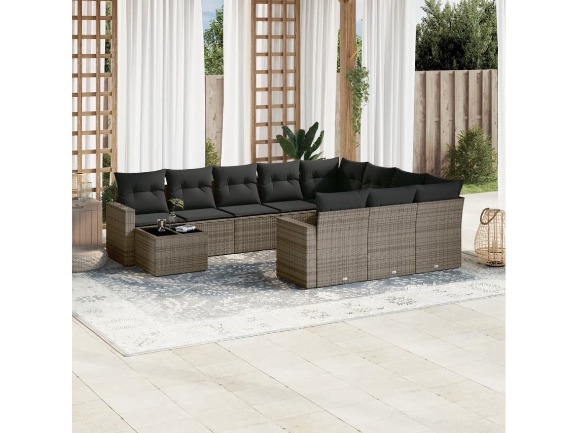 Vidaxl 11 Pcs Conjunto Sofás De Jardim C/ Almofadões Vime Pe Cinzento