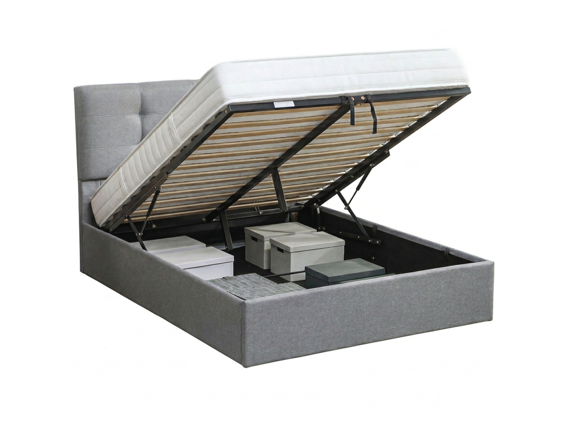 Lit Coffre 140x190, Cadre De Lit Double Rembourré Avec Sommier À Lattes En Bois Et Rangement Cach, Sans Matelas, Gris