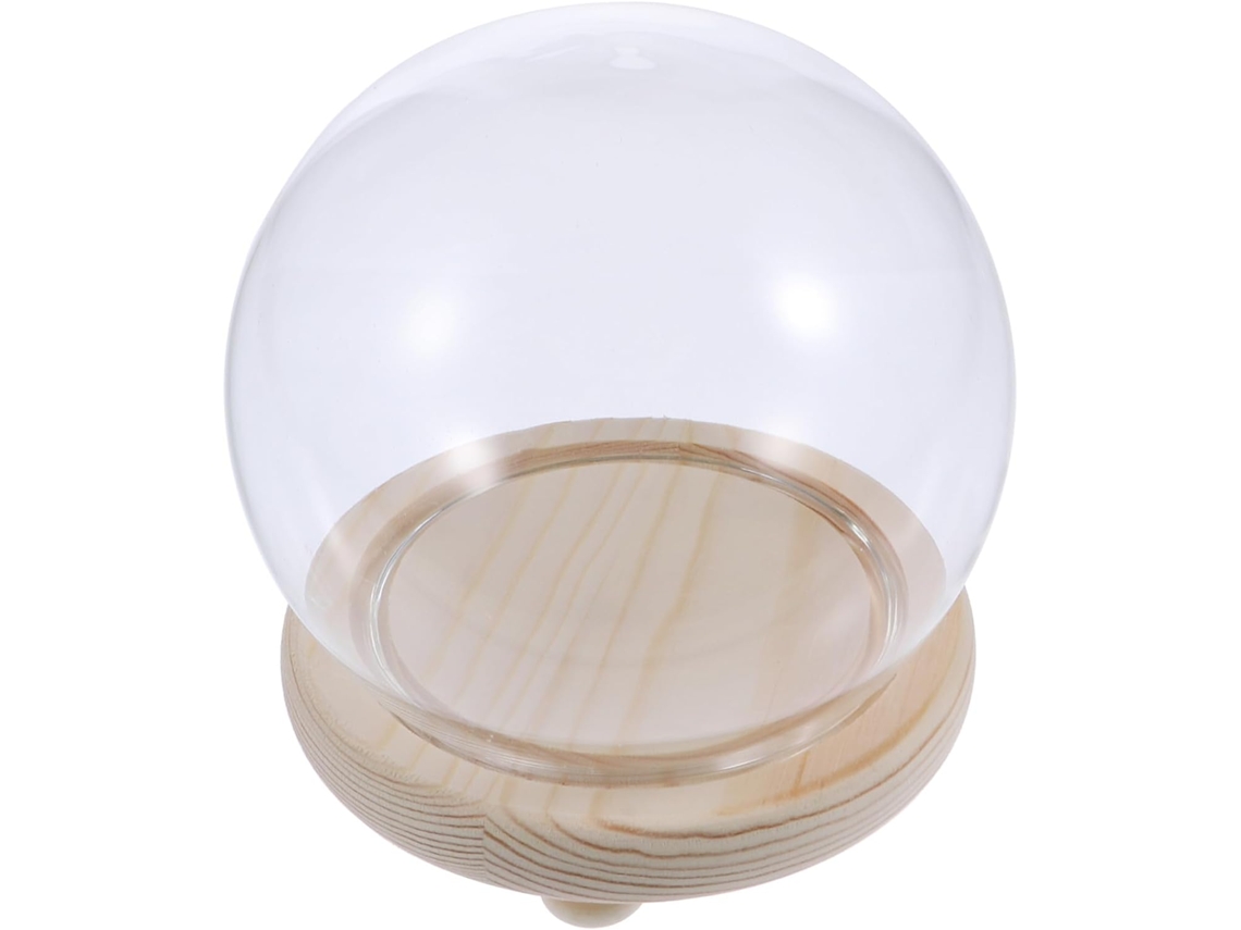 Suporte de Vidro Transparente em Formato Cúpula de Madeira para Exibir Flores Secas e Cupcakes GOKOCO