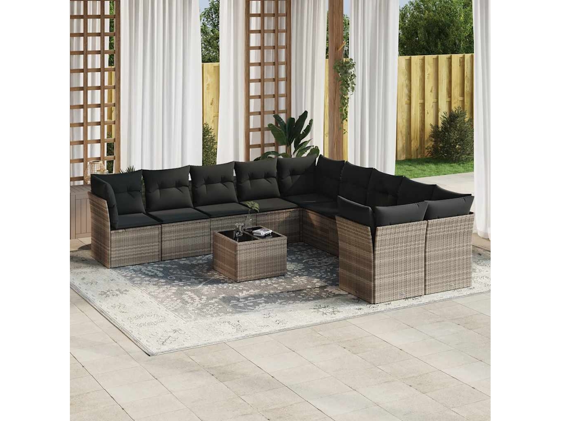 Vidaxl 11 Pcs Conjunto Sofás De Jardim C/ Almofadões Vime Pe Cinzento