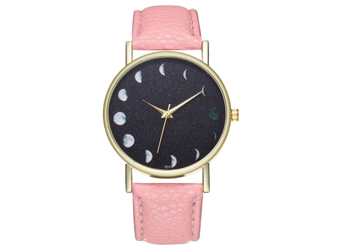 Relógio de quartzo unissex com pulseira de couro PU, design simples com lua, rosa.