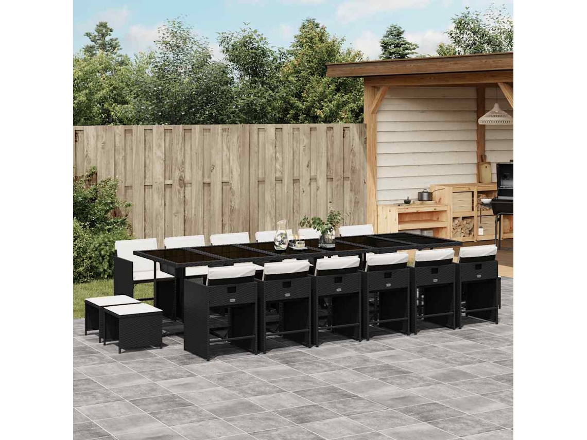 Vidaxl 17 Pcs Conjunto De Jantar P/ Jardim C/ Almofadões Vime Pe Preto