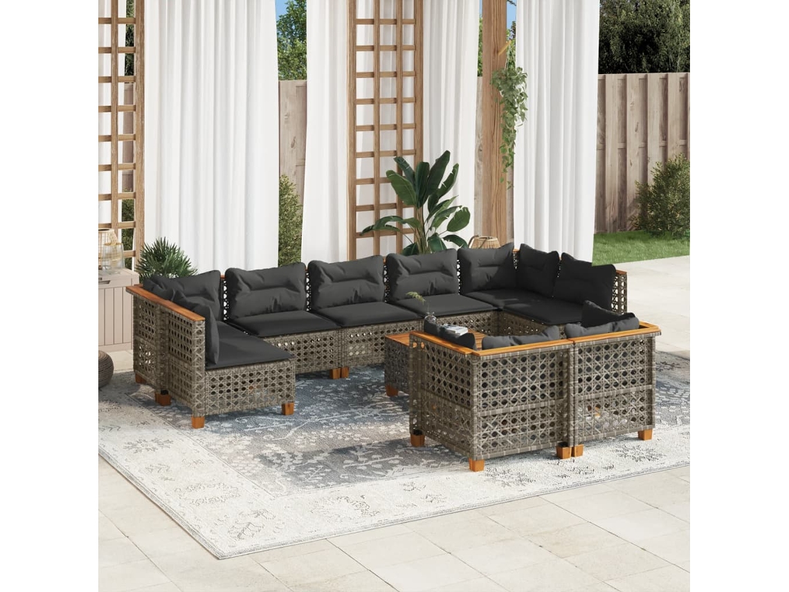 Vidaxl 10 Pcs Conjunto Sofás De Jardim C/ Almofadões Vime Pe Cinzento