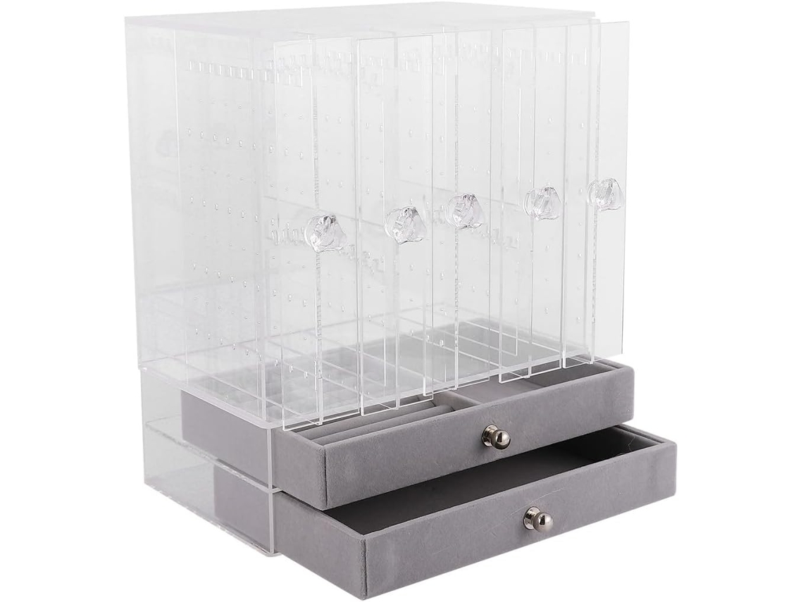 Caixa Expositora De Acrílico Branco Nuobesty Para Colares E Anéis, Com 5 Portas E 2 Gavetas.