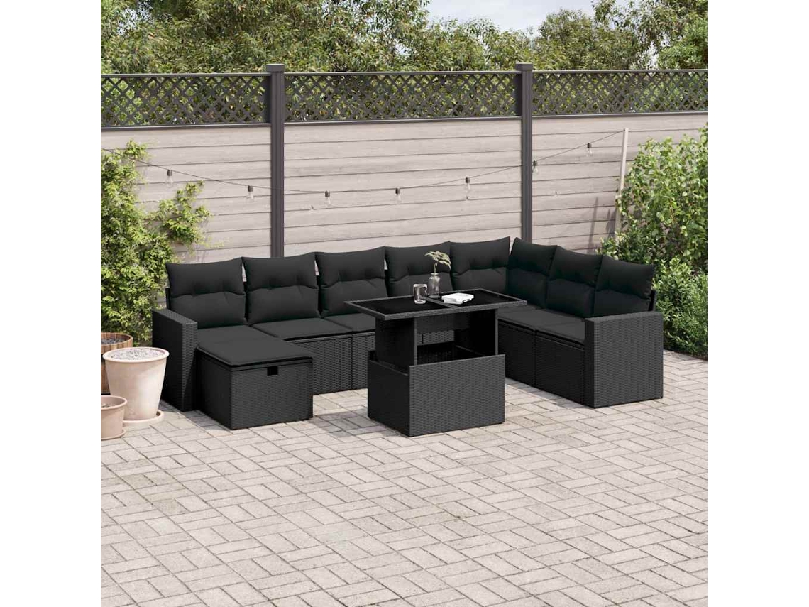 Vidaxl 9 Pcs Conjunto De Sofás P/ Jardim C/ Almofadões Vime Pe Preto