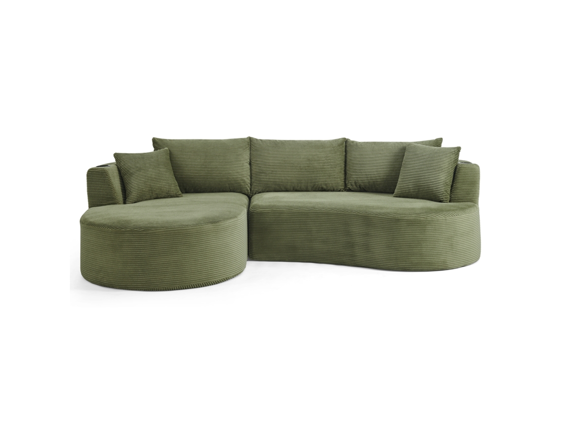 Sofá De Compressão 3 Lugares Com Chaise À Esquerda, Design Curvado, Tecido Macio, Porta-copos E Almofadas, Ideal Para Sala E Escritório