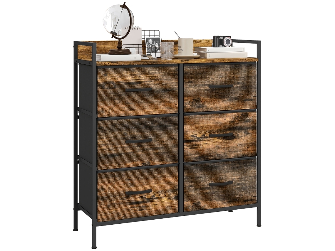 Cómoda Com 6 Gavetas, Estrutura Em Aço, 79 X 29 X 85 Cm, Acabamento Em Mogno. Ideal Para Quarto.