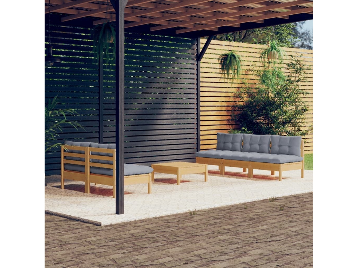 Vidaxl 6 Pcs Conjunto Lounge De Jardim C/ Almofadões Cinzentos Pinho