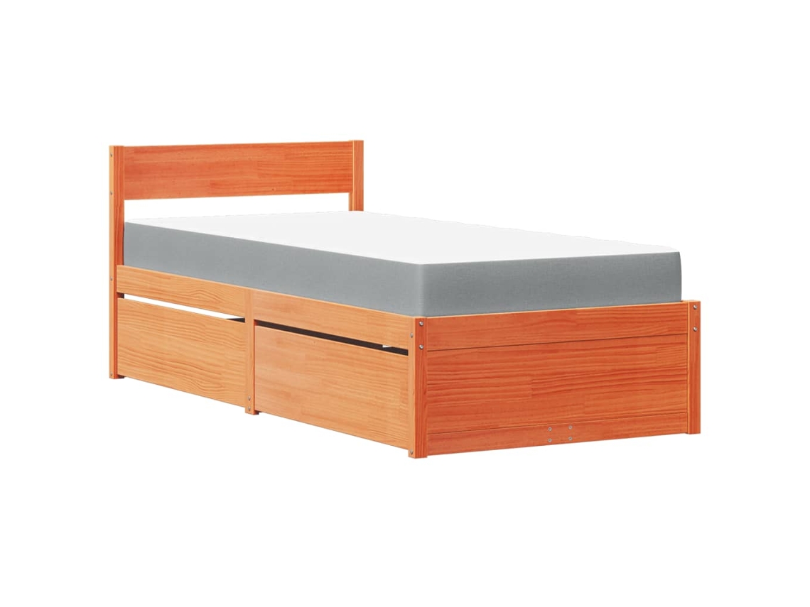 Cama com Gavetas e Colchão em Pinho Maciço Castanho mel MAISON EXCLUSIVE (90x190 cm)