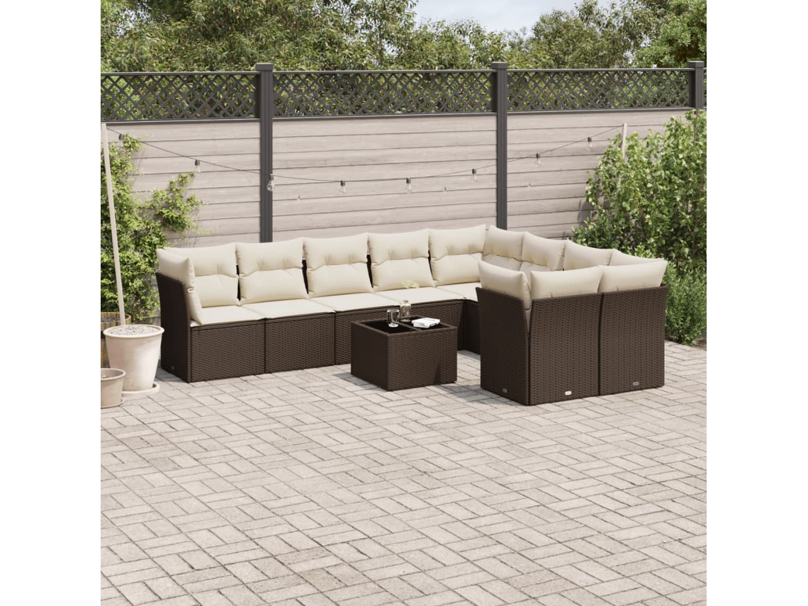 Vidaxl 10 Pcs Conj. Sofás Jardim com Almofadões Vime Pe Castanho