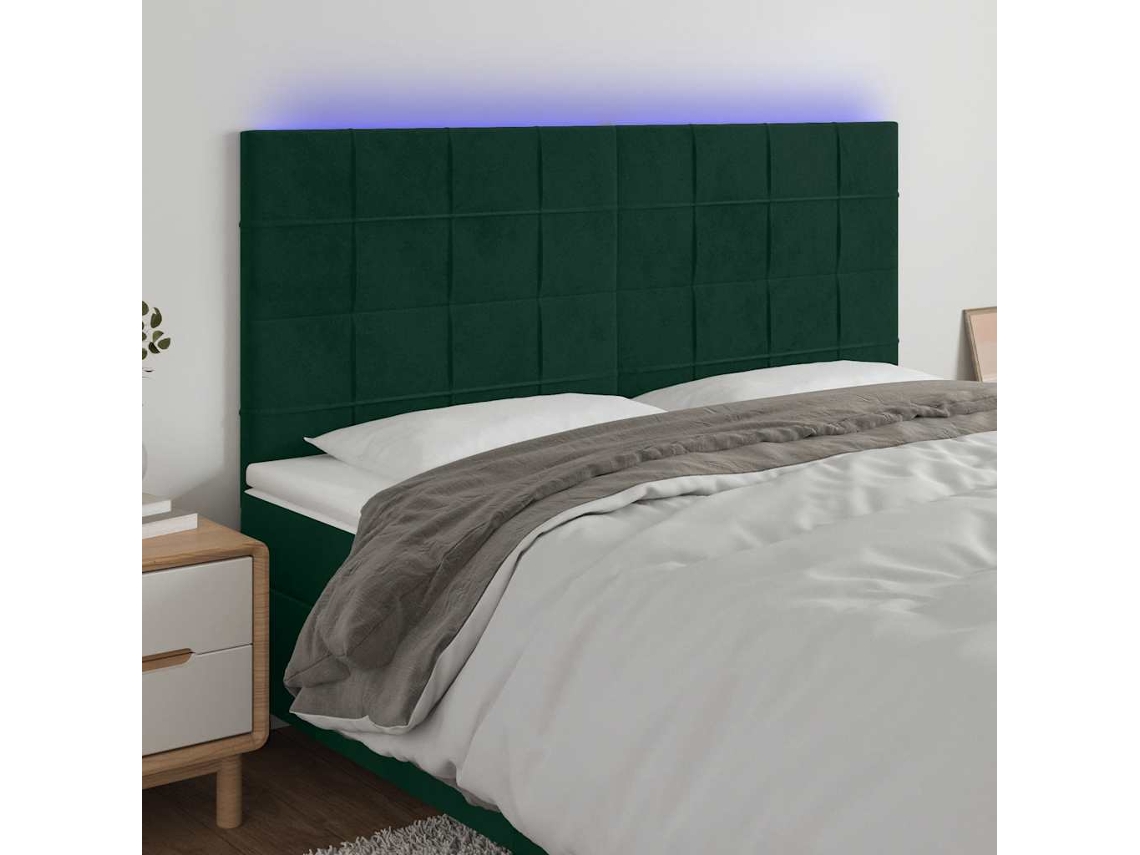 Vidaxl Cabeceira De Cama C/ Led Veludo 200x5x118/128 Cm Verde-escuro