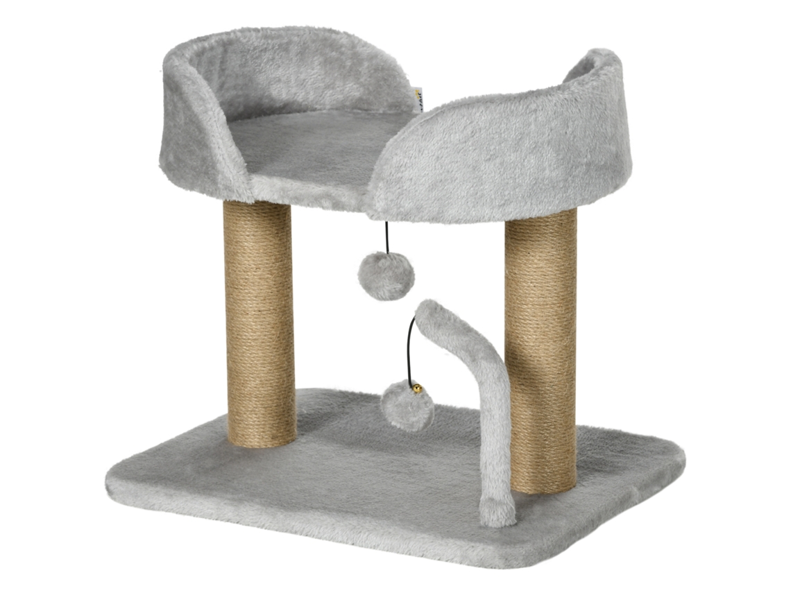 Arranhador Pequenos Altura 42 Cm Com Cama Bolas Supensas E Postes De Juta 48x38x42 Cinza