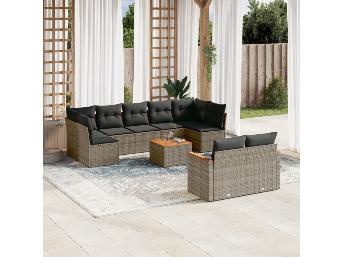 Vidaxl 10 Pcs Conjunto Sofás De Jardim C/ Almofadões Vime Pe Cinzento