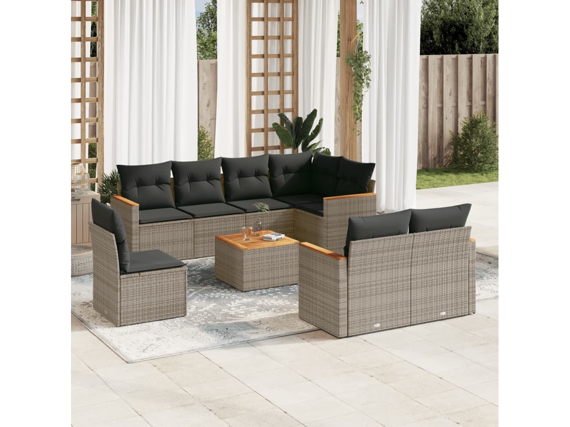 Jogo 9 Peças Sofás P/ Jardin Com Almofadões Vime Pe Cinza Dkd Home Decor