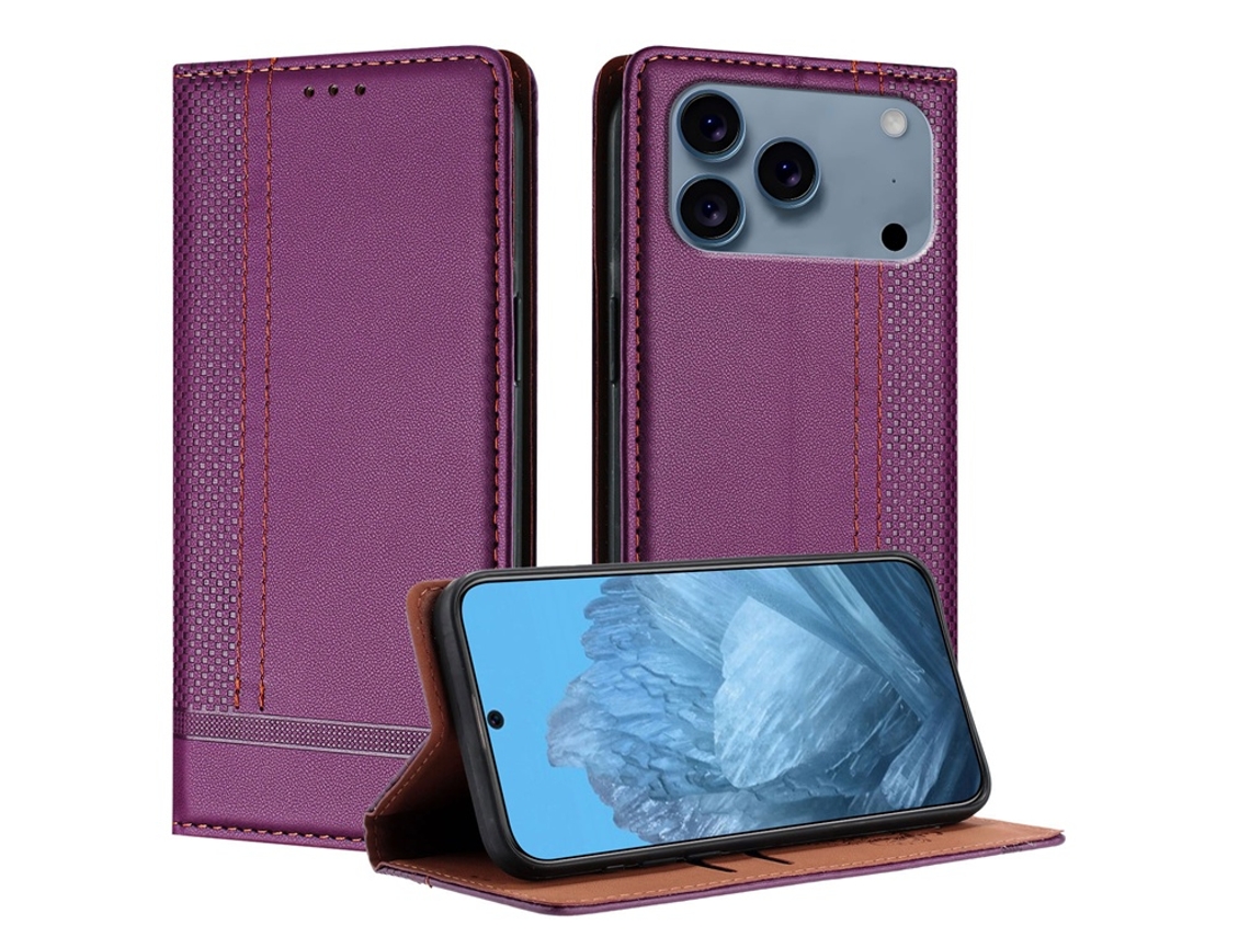 Capa Carteira Em Formato De L Com Padrão Quadriculado Para Iphone 17 Pro Max - Roxa