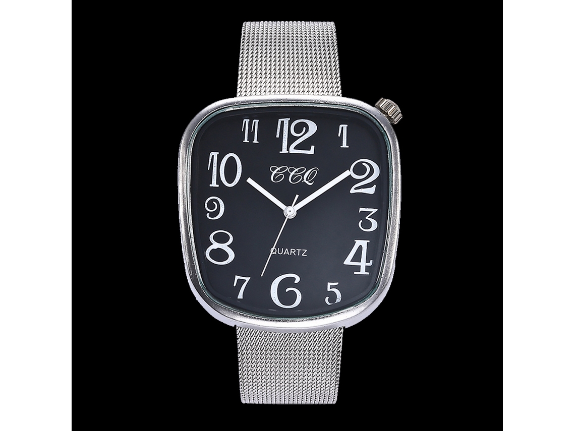 Relógio de quartzo moderno com pulseira de malha metálica, prateado e preto.