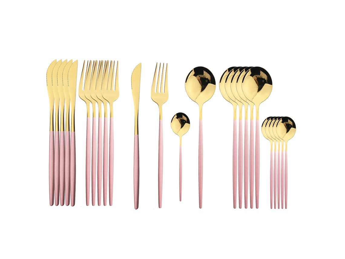Conjunto de Talheres de Aço Inoxidável com 24 Peças, Incluindo Faca, Colher e Garfo. MDUG (dourado Rosa)