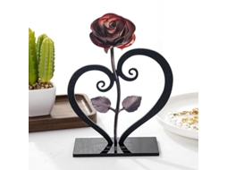 Rosa De Metal Vermelha Forjada À Mão Com Base Em Forma De Coração Para Presente