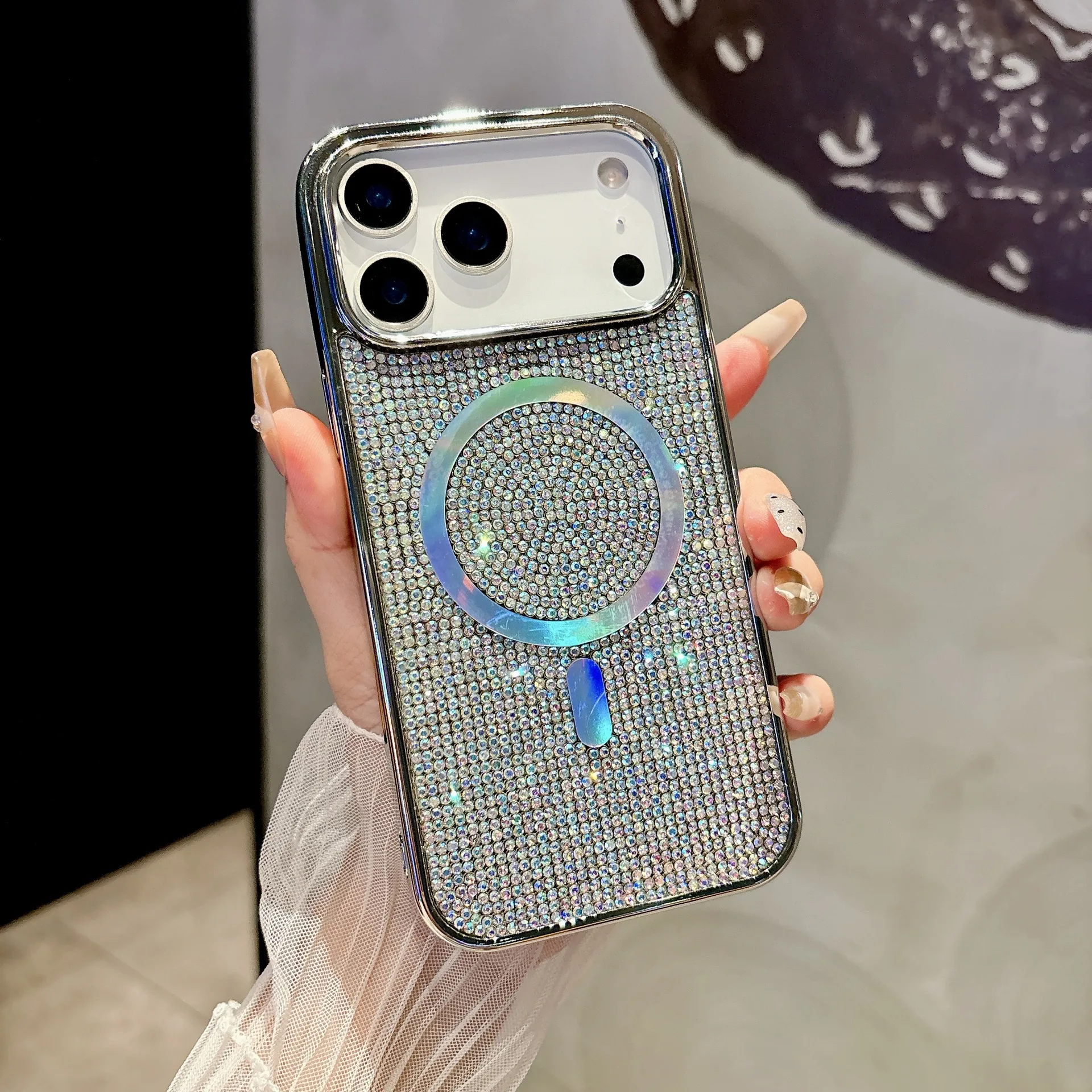 (branco, Iphone 13 Pro) Capa De Celular Luxuosa, Brilhante E Magnética, Com Strass E Moldura De Metal Galvanizado.