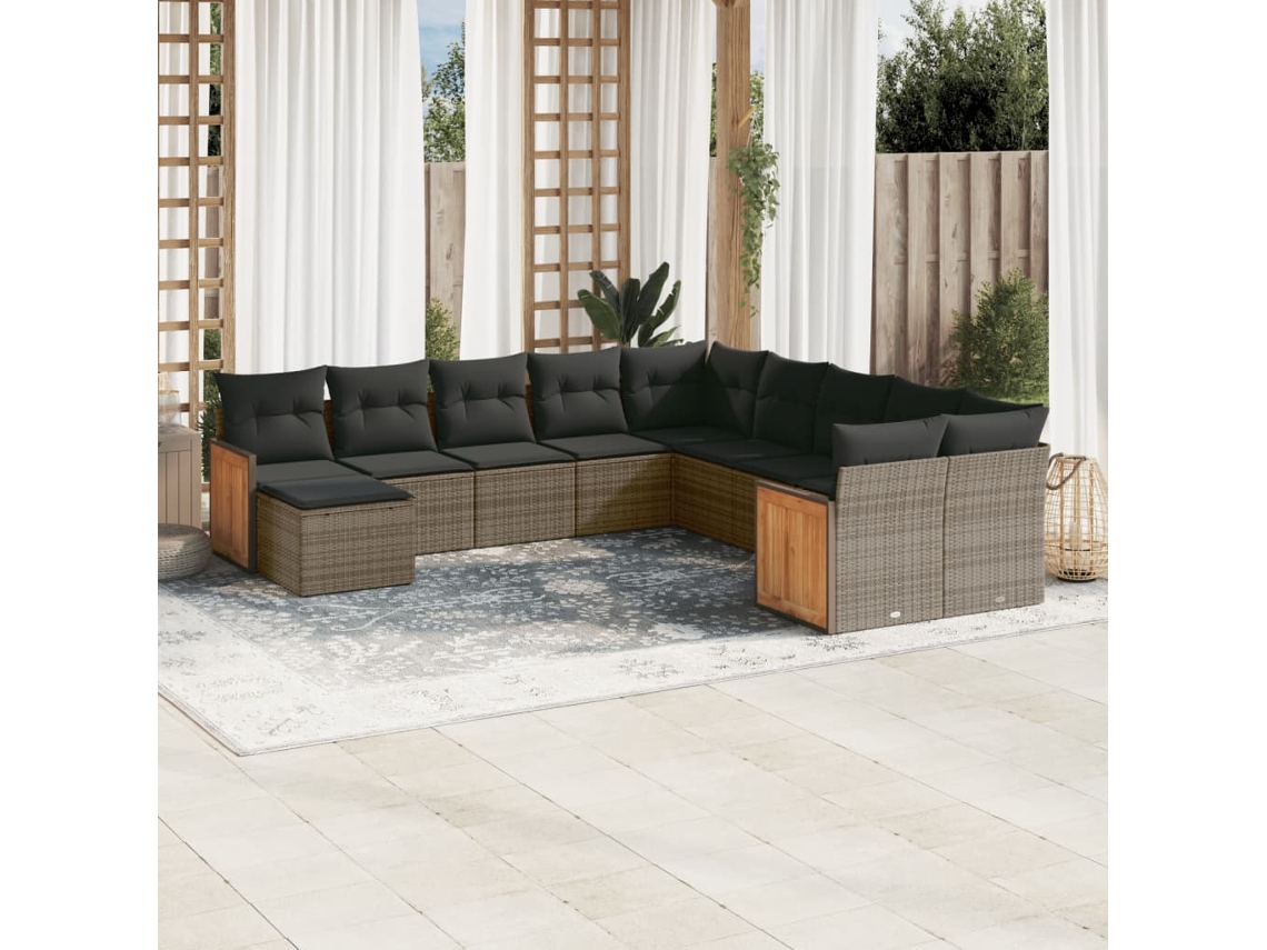 11 Pcs Conjunto Sofás De Jardim C/ Almofadões Vime Pe Cinza Dkd Home Decor