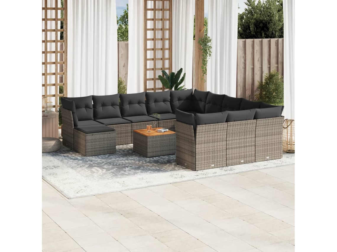 Vidaxl 13 Pcs Conjunto Sofás P/ Jardim C/ Almofadões Vime Pe Cinzento