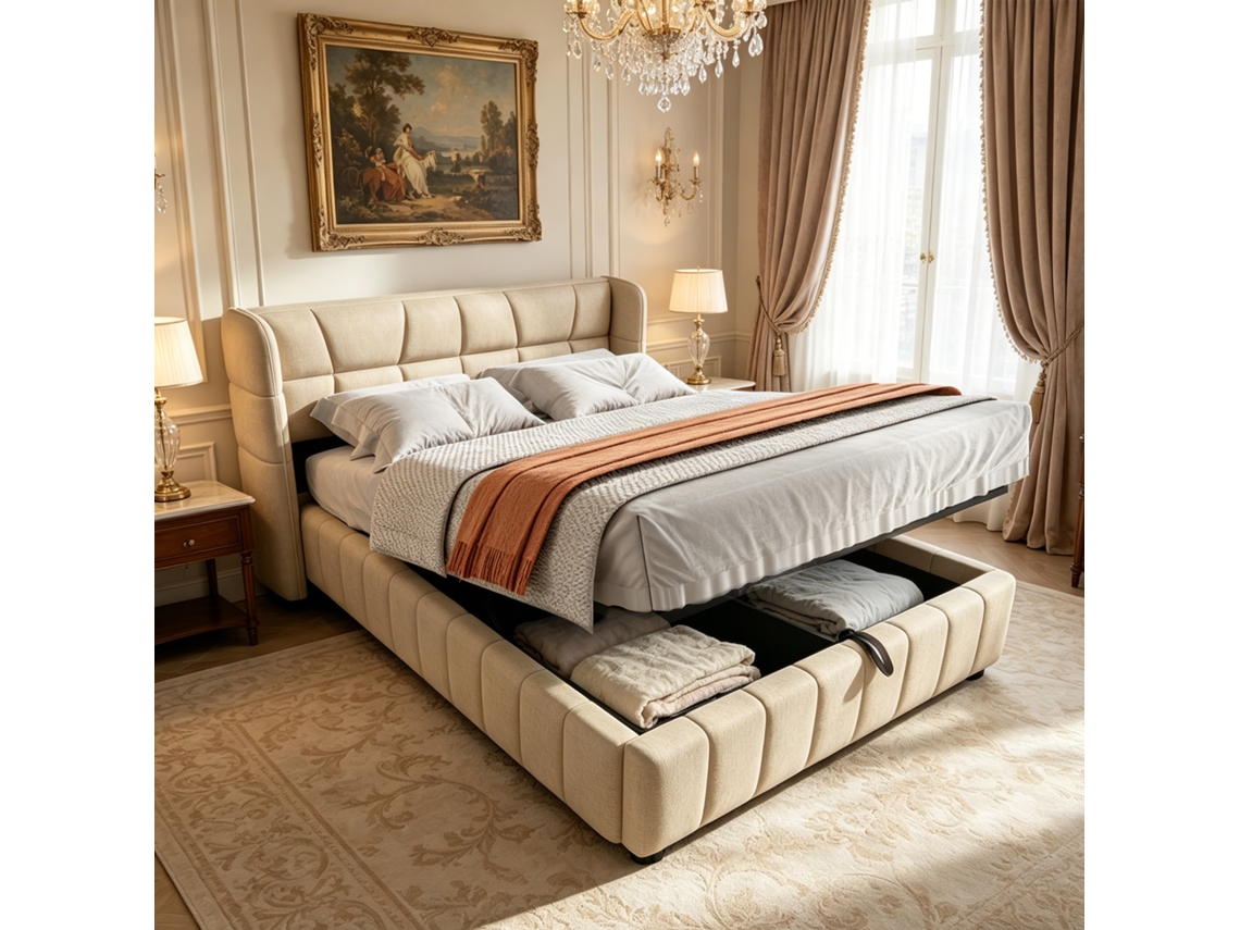 Cama Estofada Tecido Bege 140x200 Cm