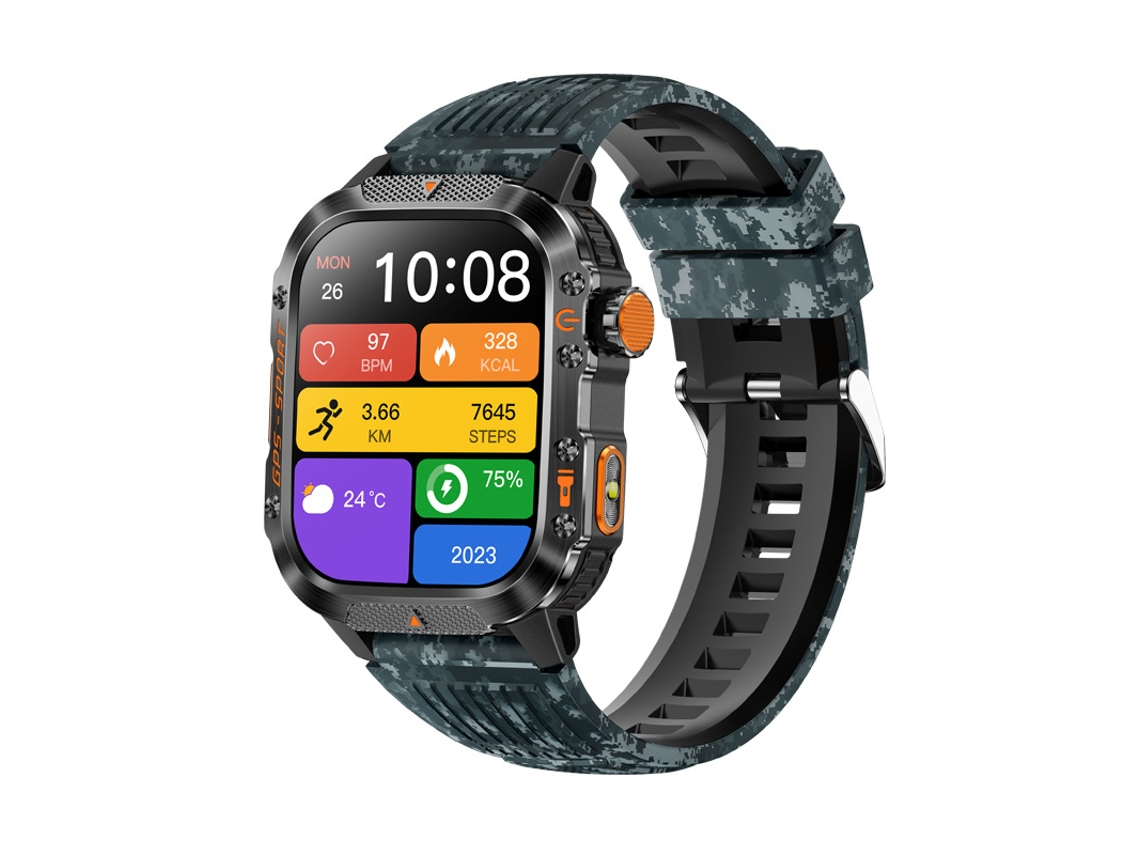 Smartwatch MDUG com GPS, Frequência Cardíaca, Pulseira Bluetooth, À Prova D'água, Camuflagem Azul