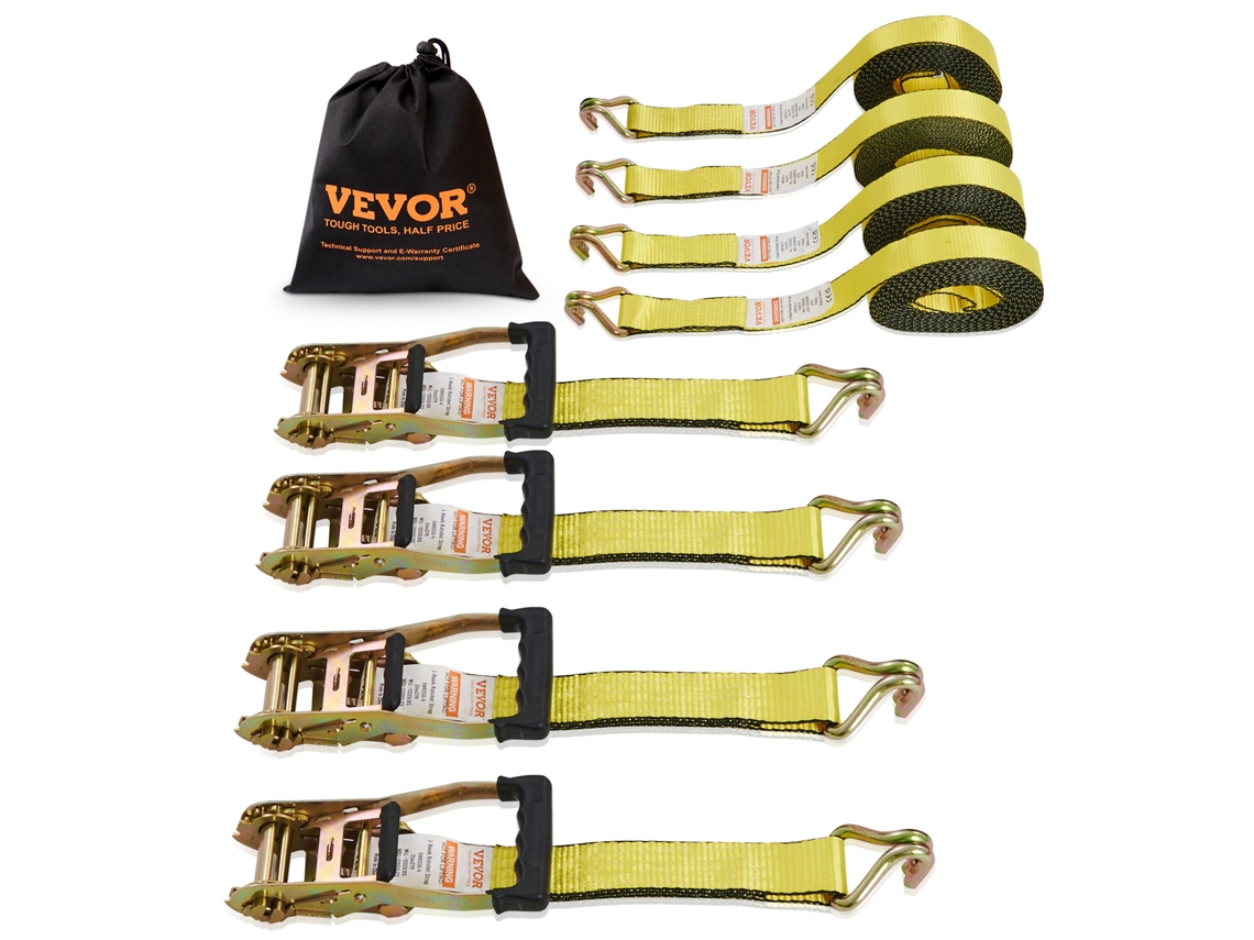 VEVOR Pacote com 4 Tiras de Amarração com Catraca 10.000 Libras 2Inch X 27' Gancho Duplo J para Serviço Pesado
