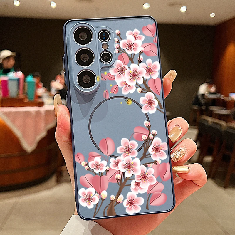 Capa Magnética Para Celular Galaxy S24 Ultra Com Estampa De Flor De Pêssego (azul).