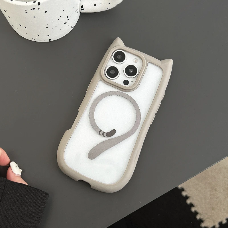 (cinza, Iphone 13) Capa Transparente De Tpu Com Orelhas De Gato Em 3d Para Iphone, Com Carregamento Sem Fio Magnético.