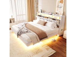 Cama Veludo Bege 180x200 com Cabeceira Led e Tomada Flutuante