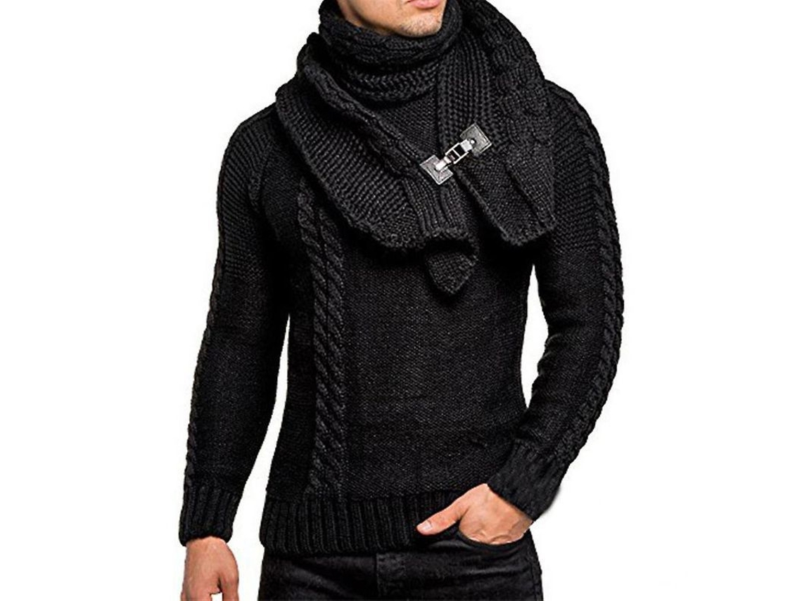Suéter masculino de gola alta e manga comprida com cachecol removível, modelo 2026, estilo casual.