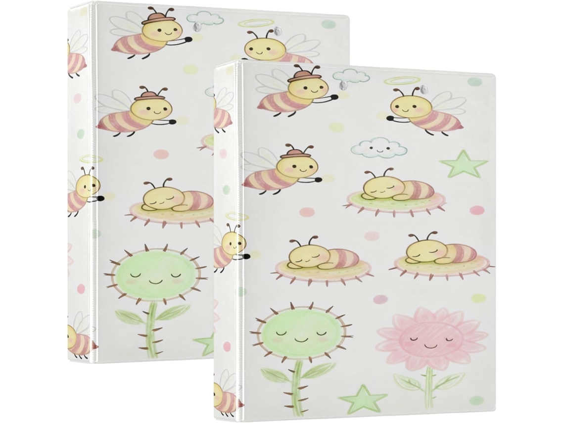 Pasta Escolar De 3-argolas 1-1 2-polegadas Com Capa Bolso, Estampa De Flores Rosas E Abelhas Divertidas, Pacote Com 1 2-unidades