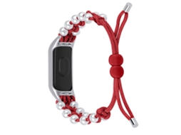 Bracelete de Nylon Decoração Pérola Ajustável Corda Trançada para Xiaomi Mi Band 3/4 Vermelho