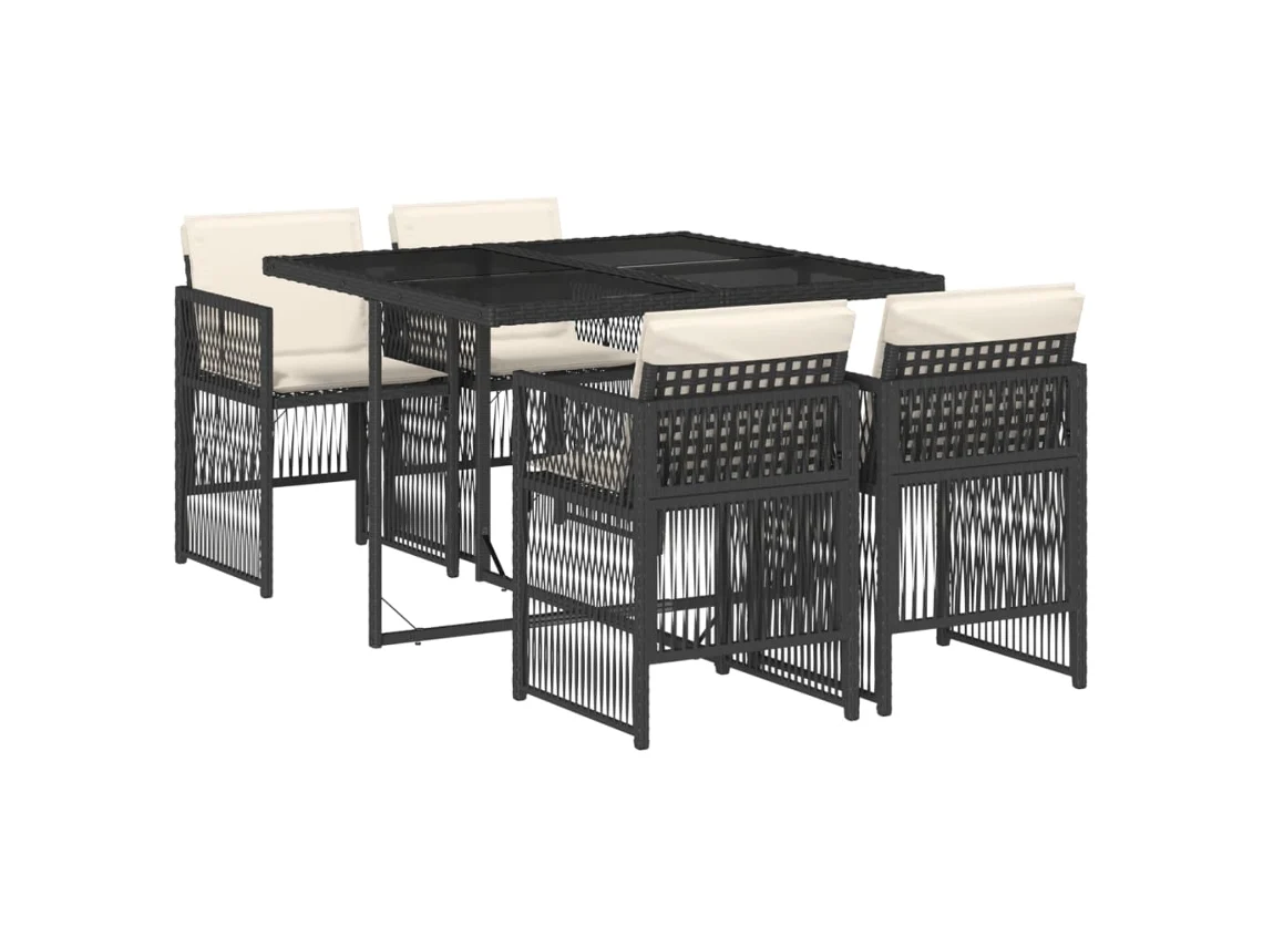 Conjunto 5 de jantar p/ jardim c/ almofadões VIDAXL vime PE preto