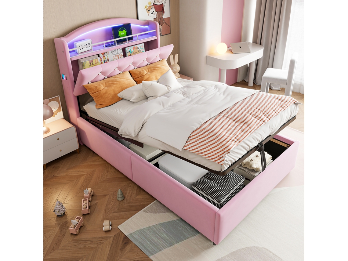 Cama Estofada Infantil 90x200, Cama Individual De Veludo Multifuncional Com Armazenamento E Led E Usb Rosa-op