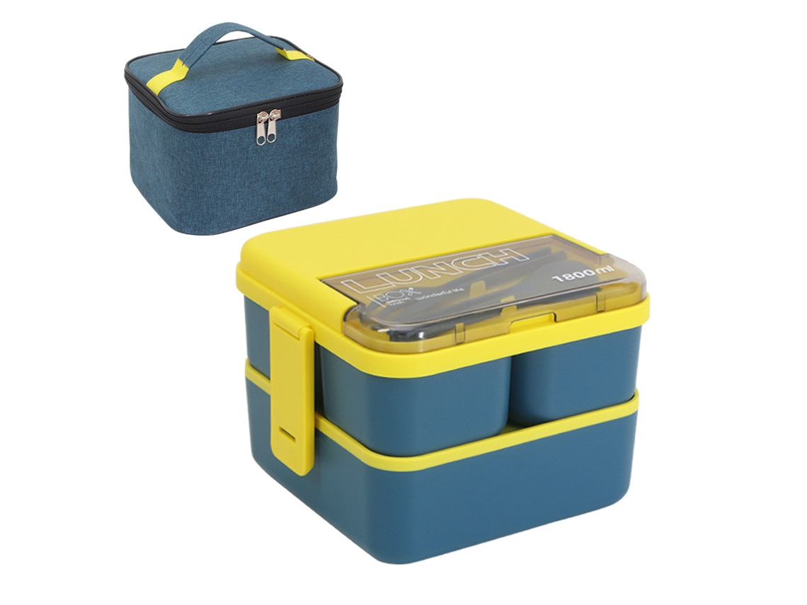 Bandeja De Refeições Plástica Dupla Com Divisórias Quadradas E Saco Térmico (azul Com Saco) 17*16*12.5cm
