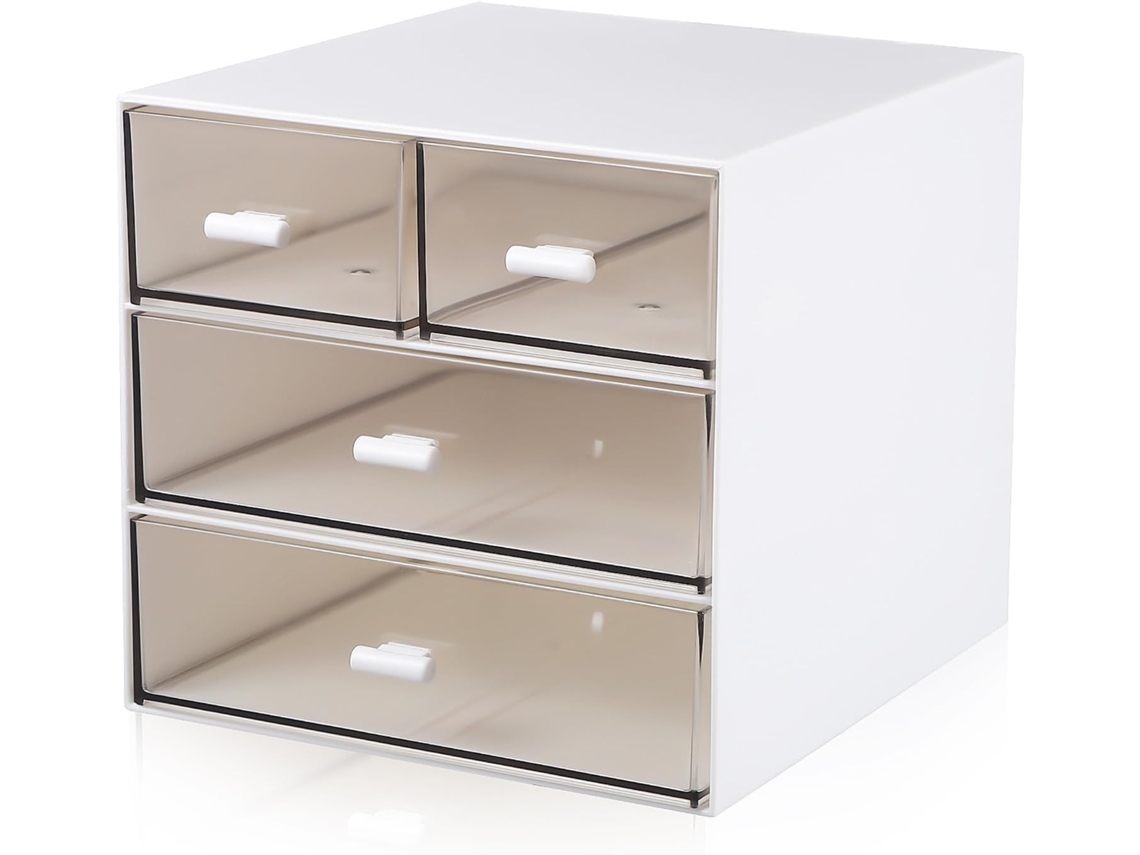 Organizador de Gaveta Mesa Healeved em Plástico Branco e Marfim com 4 Compartimentos, Armazenamento Multifunci