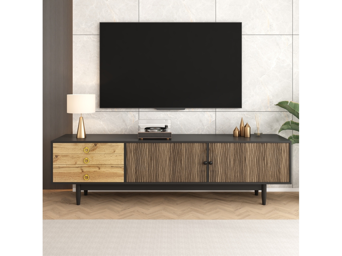 Móvel para TV 180x38x50 cm, 2 Portas, 3 Gavetas, Design Ondulado, Puxadores Dourados, Pés Madeira KOMHTOM