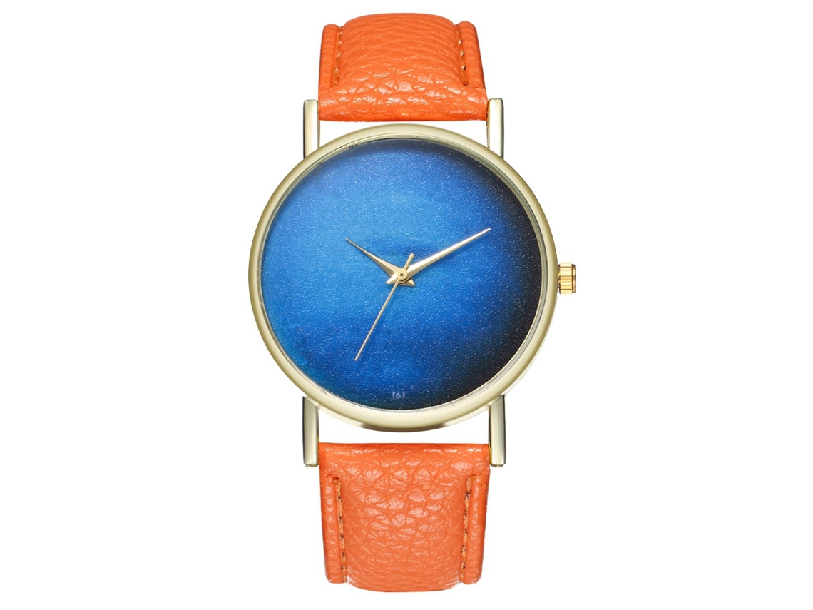 Relógio de quartzo com pulseira de couro PU, estampa de céu estrelado, unissex, casual, laranja.
