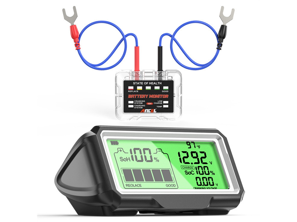 Testador de bateria de carro de 12 volts, monitor de bateria LED com visor frontal e analisador de bateria com carregamento solar.