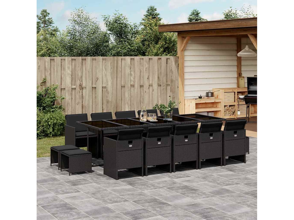 Vidaxl 15 Pcs Conjunto De Jantar P/jardim Com Almofadões Vime Pe Preto