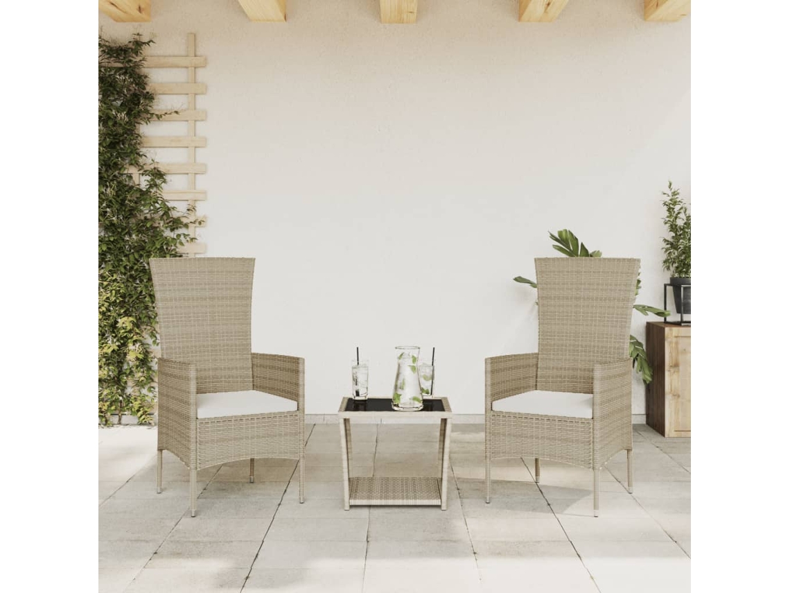 Vidaxl 3 Pcs Conjunto De Jantar P/ Jardim Com Almofadões Vime Pe Bege