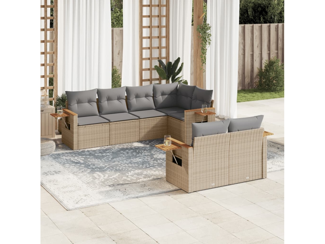 Vidaxl 7 Pcs Conjunto De Sofás P/ Jardim Com Almofadões Vime Pe Bege