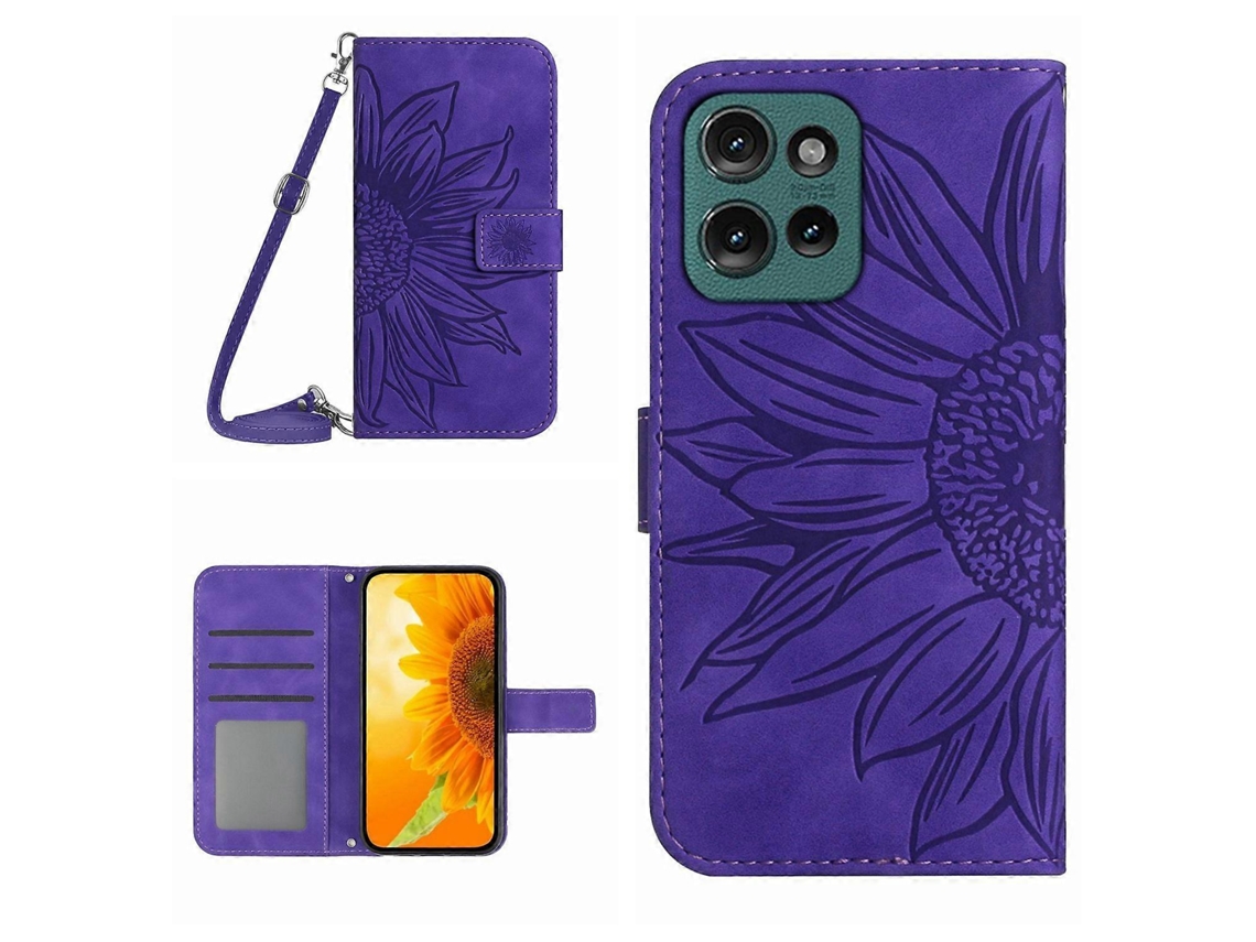 Capa De Couro Flip Com Estampa De Girassol E Cordão Para Motorola Moto G 5g 2025 Ht04