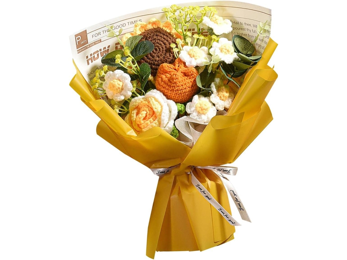 Buquê de Flores de Crochê, Rosas e Margaridas Tricotadas, Presente de Aniversário, Amarelo, para Casa AQUAFORGE