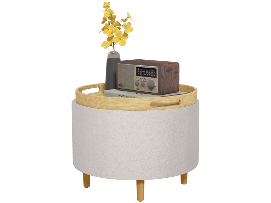 Banco almofadado com pelúcia Teddy, compartimento oculto, tampa reversível, 56x56x42cm, branco