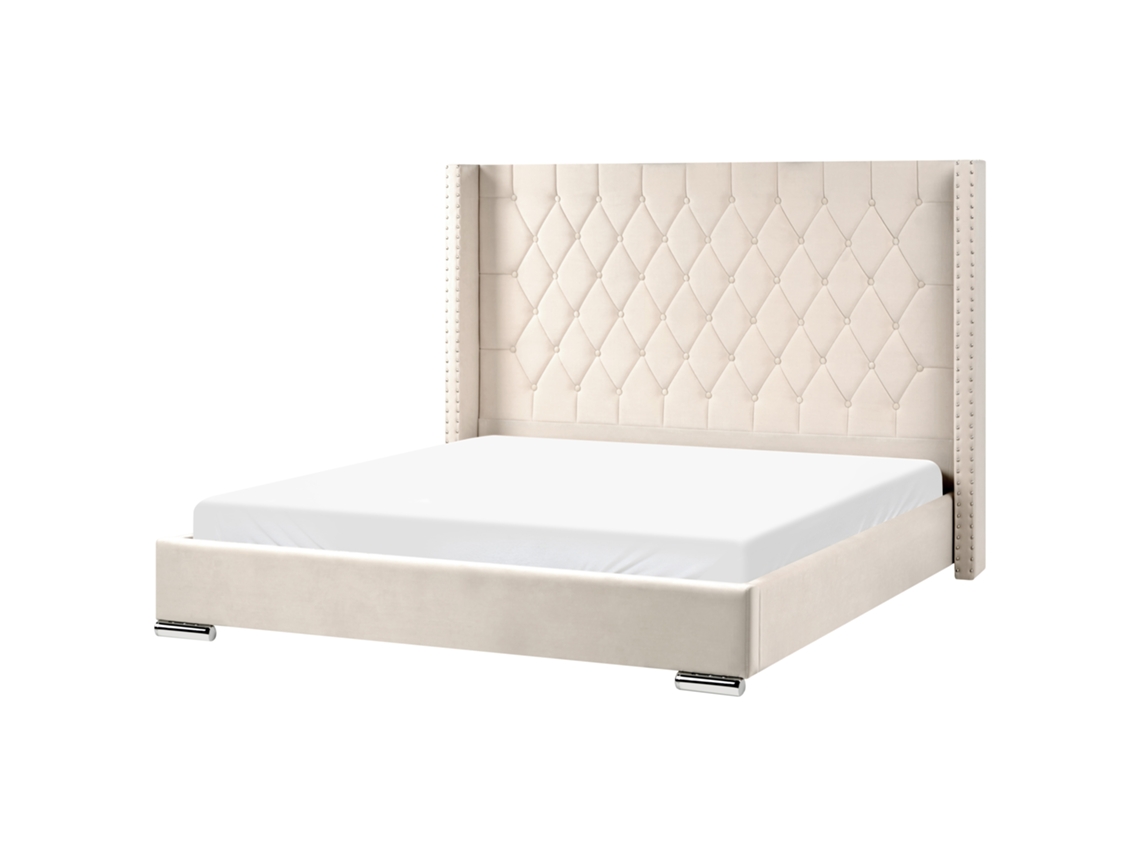 Cama Beliani Lubbon De Terciopelo Blanco 207x220x144